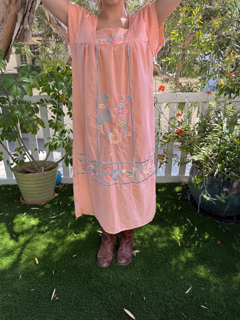 Peach Embroidered Cotton blend Mexican muumuu Midi Dress - Picture 3 of 9